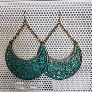 Teal Floral Pattern Crescent Earrings